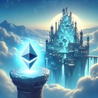 the ethereum logo is on top of a castle in the sky